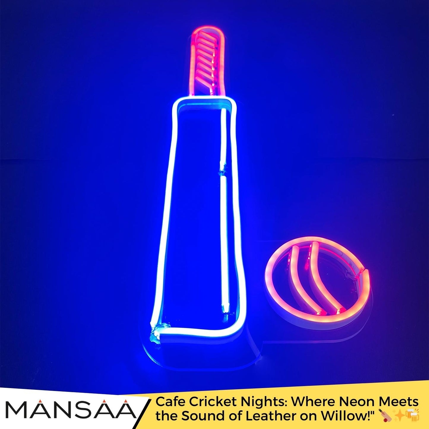 WC2 Dynamic Cricket Bat and Ball NEON Display | Stunning Illumination | 12x24 Inches
