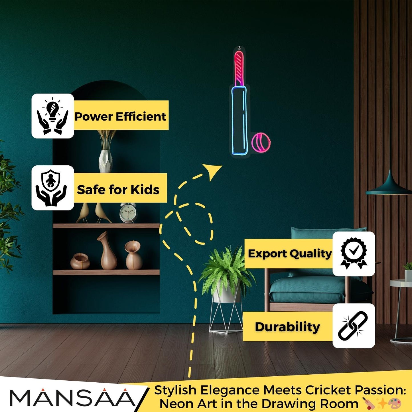 WC2 Dynamic Cricket Bat and Ball NEON Display | Stunning Illumination | 12x24 Inches