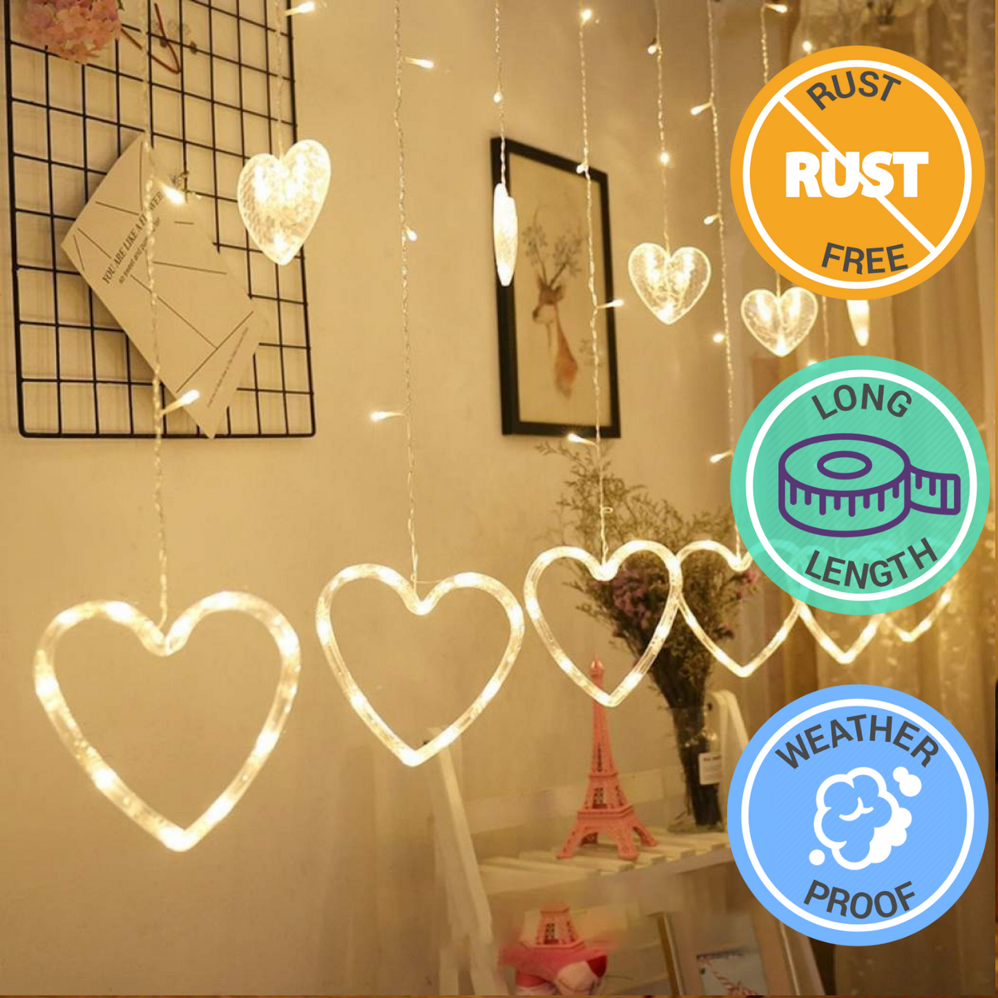 MANSAA 12 Heart 138 LED Curtain Lights with 8 Flashing Modes