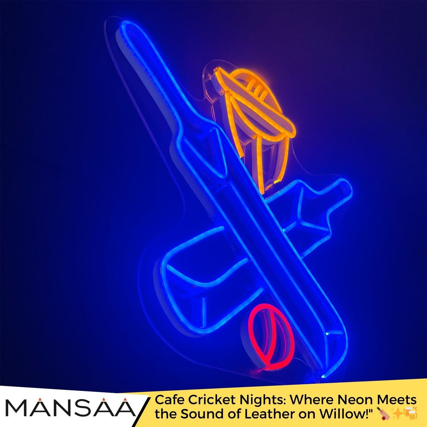 Double Bat Elegance with Cricket World Cup NEON Art | Vibrant Glow | 12x24 Inches | Stylish Cricket Decor
