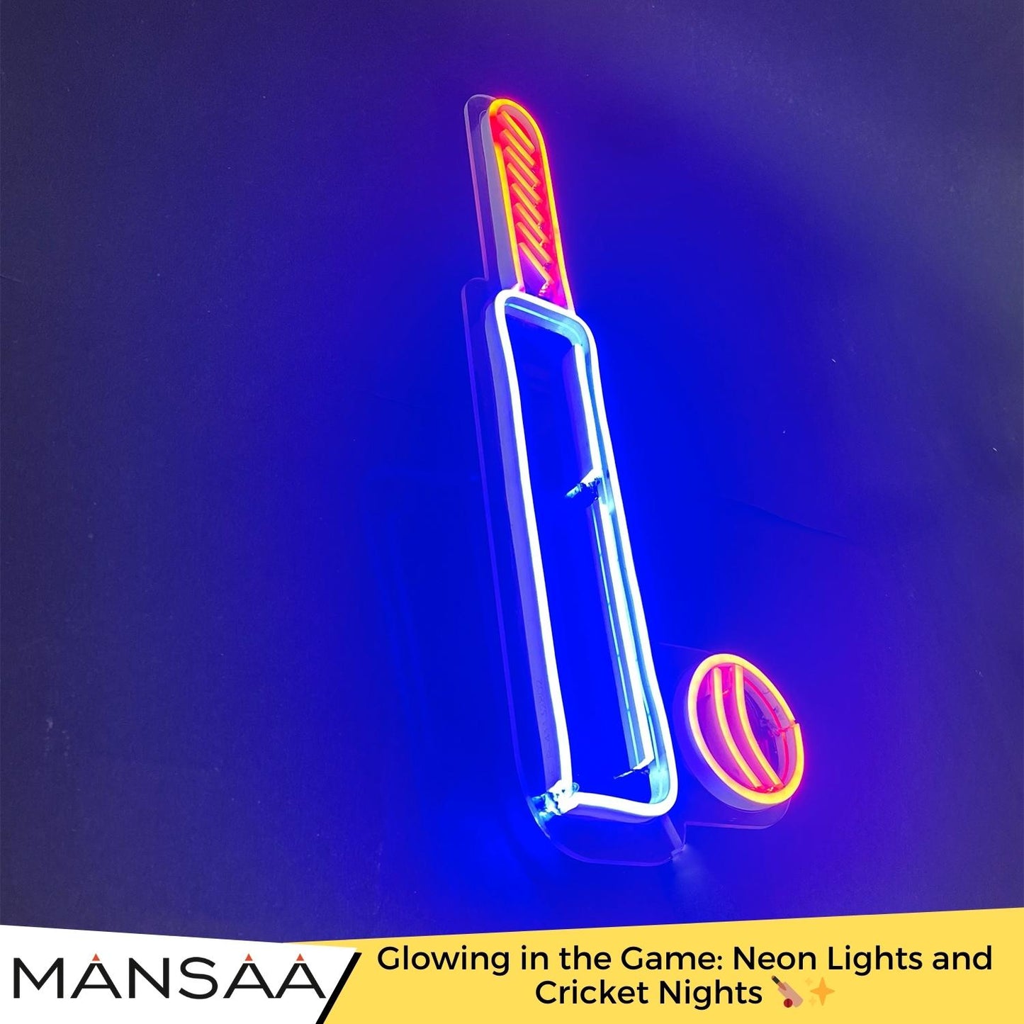 WC2 Dynamic Cricket Bat and Ball NEON Display | Stunning Illumination | 12x24 Inches