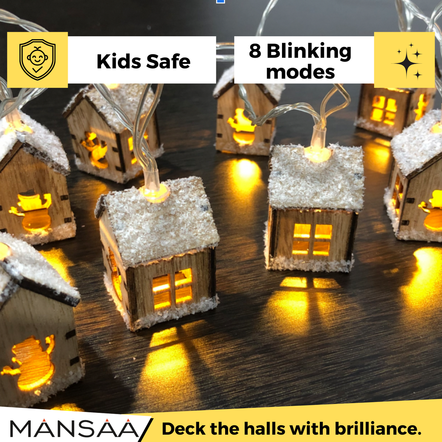 Wooden House with unique snow Christmas Lights, 2 Meter Direct Plug Christmas Light String | DIY Christmas Decor |8 Blinking Mode | Indoor Outdoor Party Bedroom Home Decor | Warm White