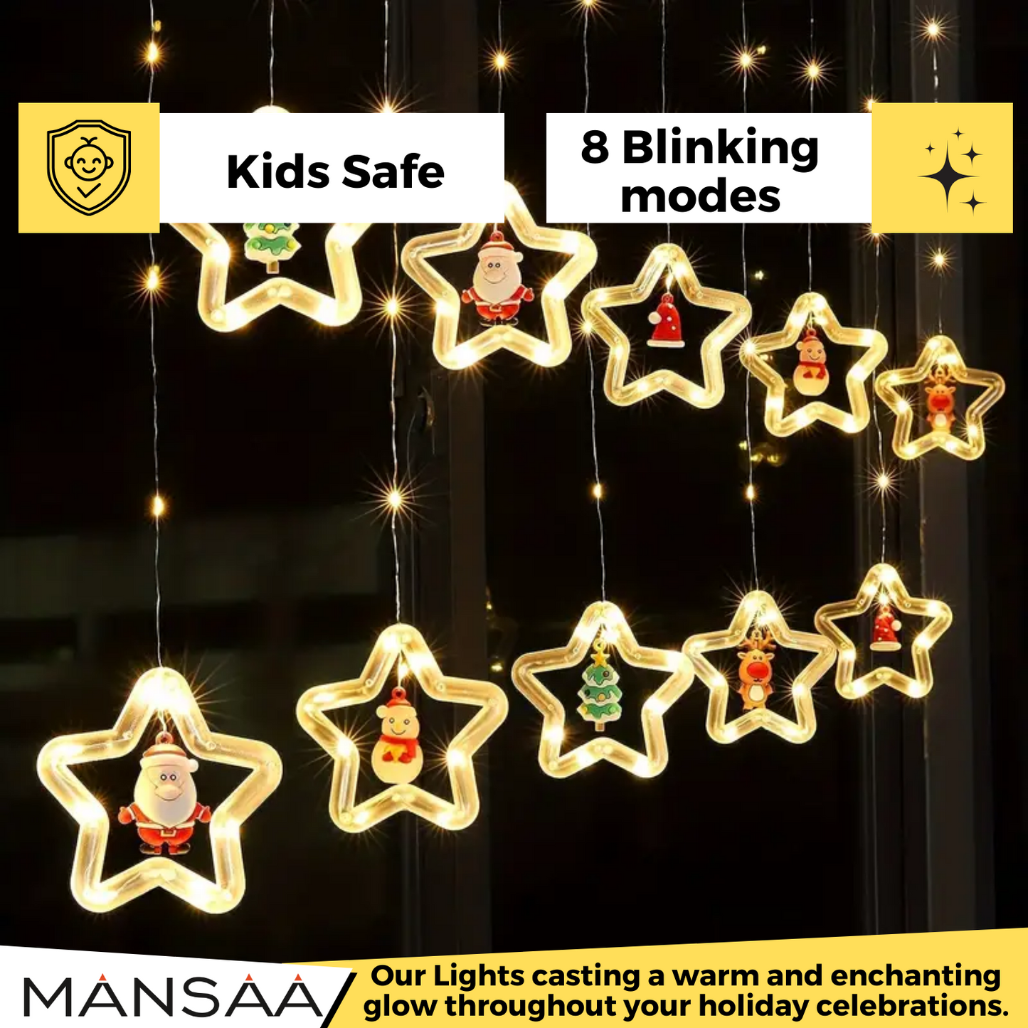 Star Christmas Lights, 4 Meter Direct Plug Christmas Light String with 10 Cute icons | DIY Christmas Decor |8 Blinking Mode | Decorative Fairy curtain Lights for Indoor Outdoor Party Bedroom Home Decor | Warm White
