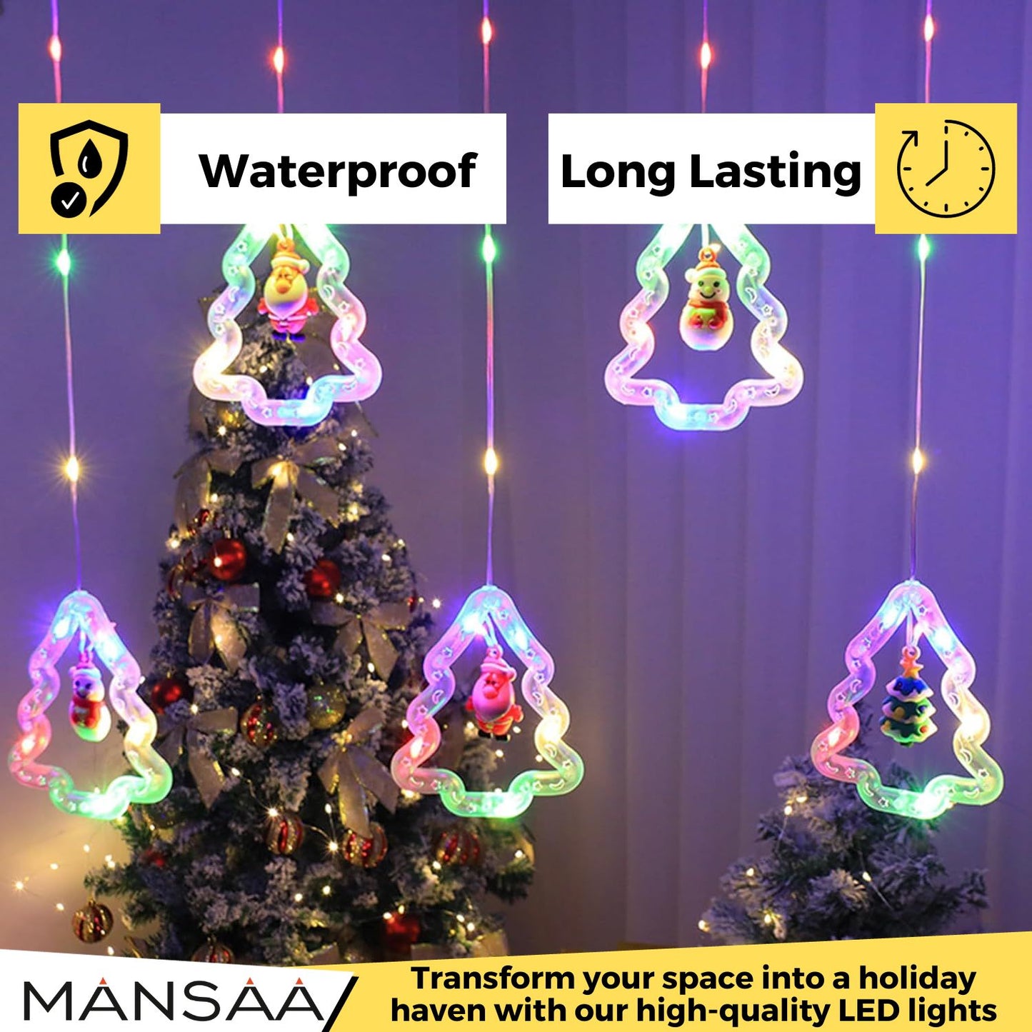Christmas Tree Lights, 4 Meter Direct Plug Christmas Light String with 10 Cute icons | DIY Christmas Decor | 8 Blinking Mode | Decorative Fairy curtain Lights for Indoor Outdoor Party Bedroom Home Decor | RGB